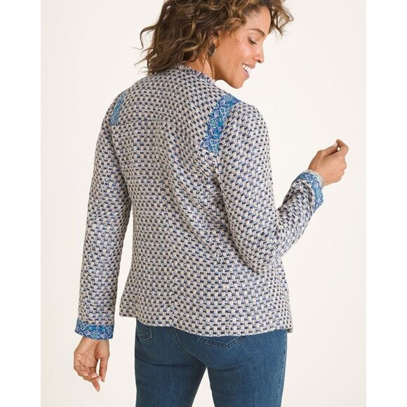 Chicos Tweed Jacket Size 1/US 8/10 Blue Zip Up Mixed Media Classy Preppy Blazer - Picture 4 of 13